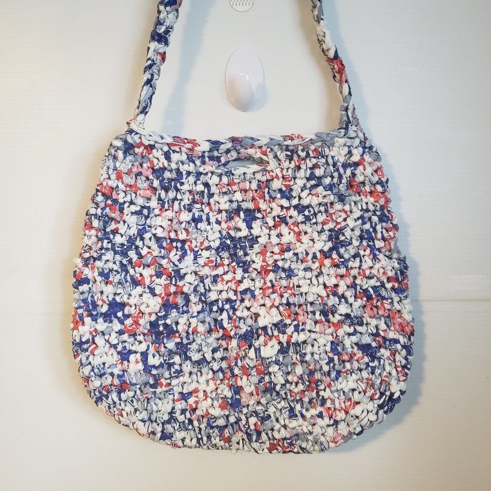 RECYCLED Shoulder Bag made with 100% recycled bags red white blue sturdy hefty +